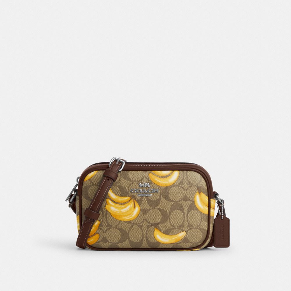 Mini Jamie Camera Bag In Signature Canvas With Banana Print - CR175 - Silver/Khaki/Dark Saddle