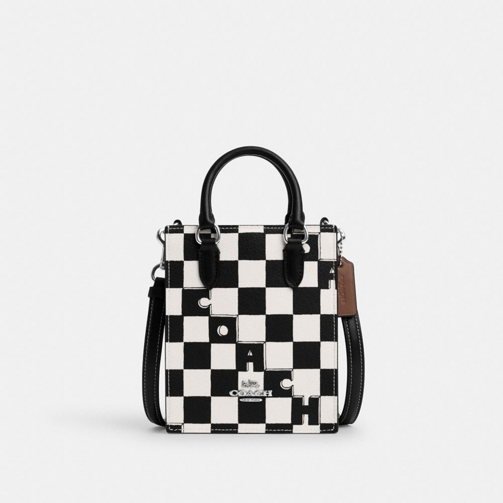 COACH CR180 North South Mini Tote With Checkerboard Print SILVER/BLACK/CHALK