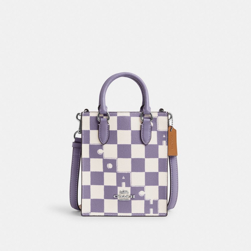 COACH CR180 North South Mini Tote With Checkerboard Print SILVER/LIGHT VIOLET/CHALK