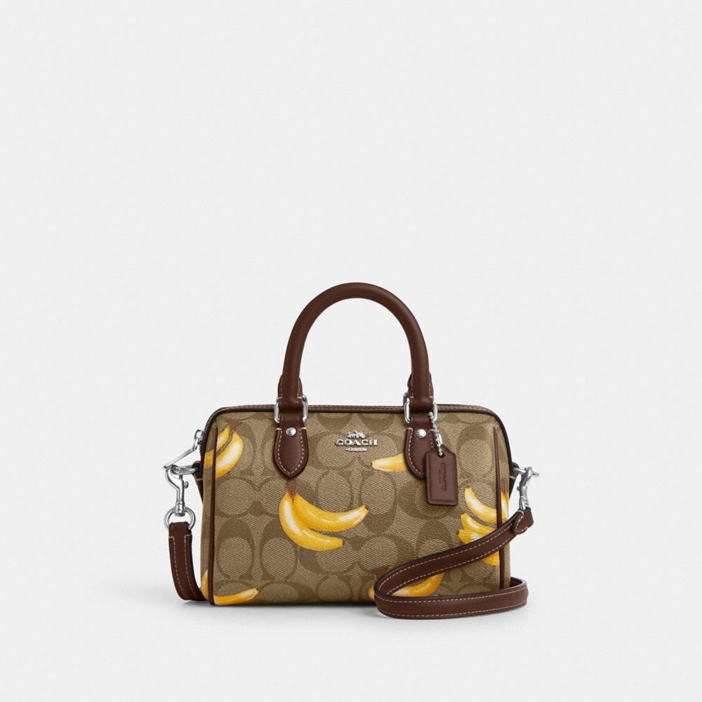 COACH CR246 Mini Rowan Crossbody In Signature Canvas With Banana Print Silver/Khaki/Dark-Saddle