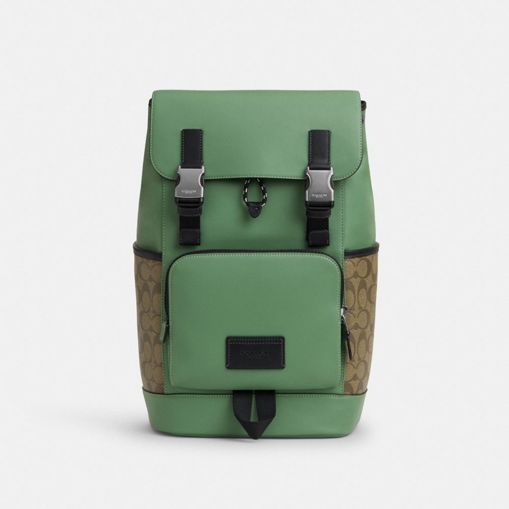 COACH CR258 Track Backpack In Colorblock Signature Canvas SV/KHAKI/SOFT GREEN