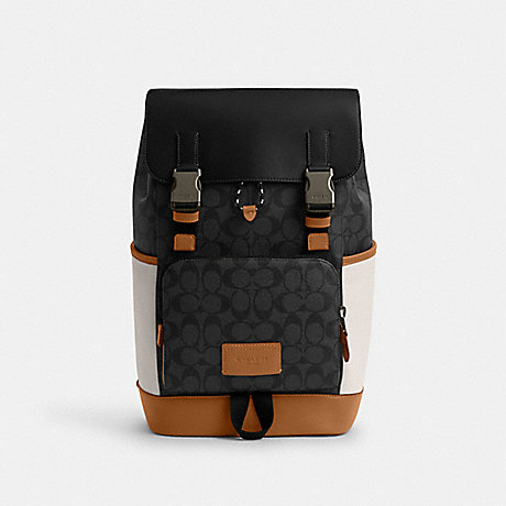 COACH CR259 Track Backpack In Colorblock Signature Canvas Black-Antique-Nickel/Charcoal/Chalk/Light-Saddle