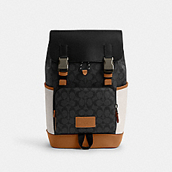 COACH CR259 Track Backpack In Colorblock Signature Canvas BLACK ANTIQUE NICKEL/CHARCOAL/CHALK/LIGHT SADDLE