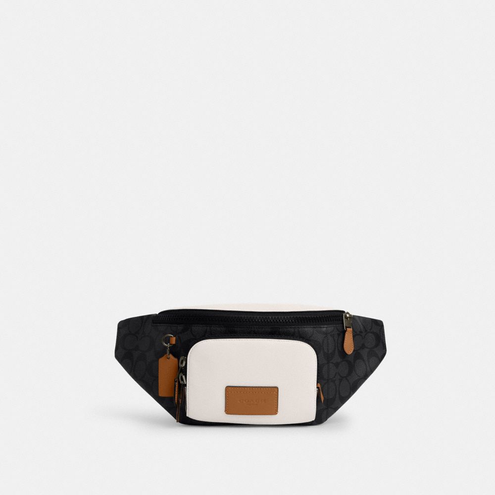 Track Belt Bag In Colorblock Signature Canvas - CR262 - Black Antique Nickel/Charcoal/Chalk/Light Saddle