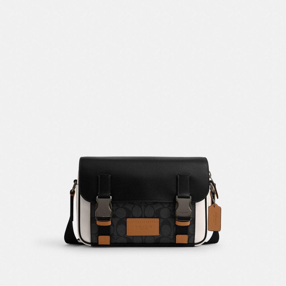 COACH CR267 Track Crossbody In Colorblock Signature Canvas Black Antique Nickel/Charcoal/Chalk/Light Saddle