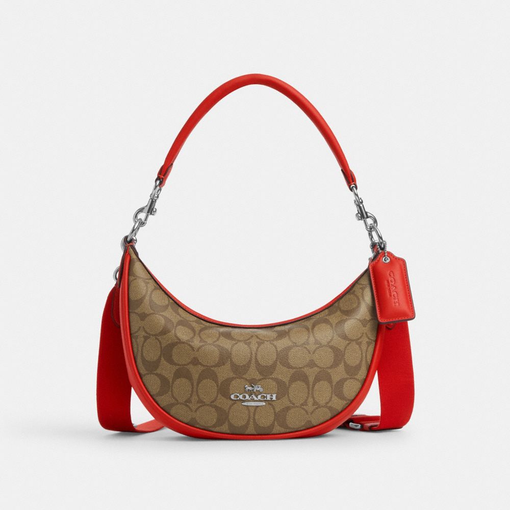 Aria Shoulder Bag In Signature Canvas - CR283 - Silver/Khaki/Miami Red