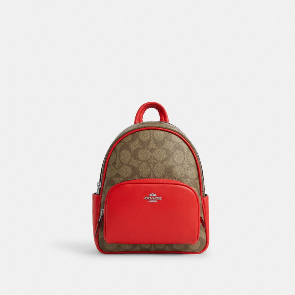 COACH CR285 Mini Court Backpack In Signature Canvas Silver/Khaki/Miami Red