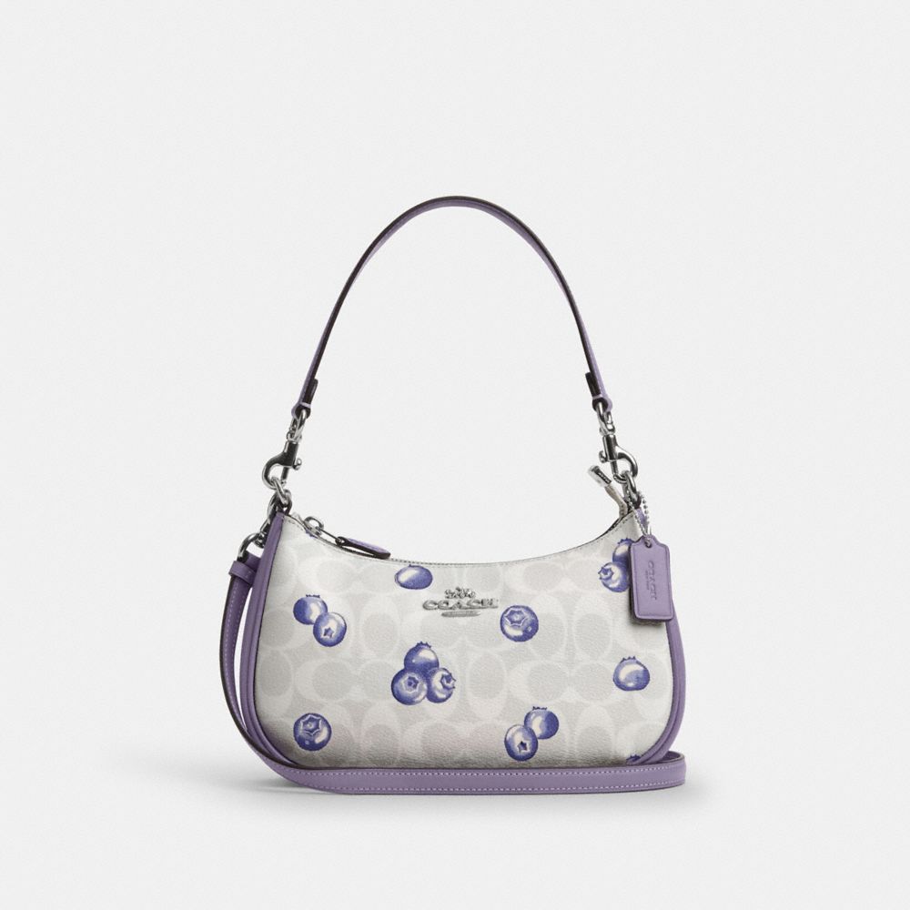 Teri Shoulder Bag In Signature Canvas With Blueberry Print - CR292 - Silver/Chalk/Light Violet