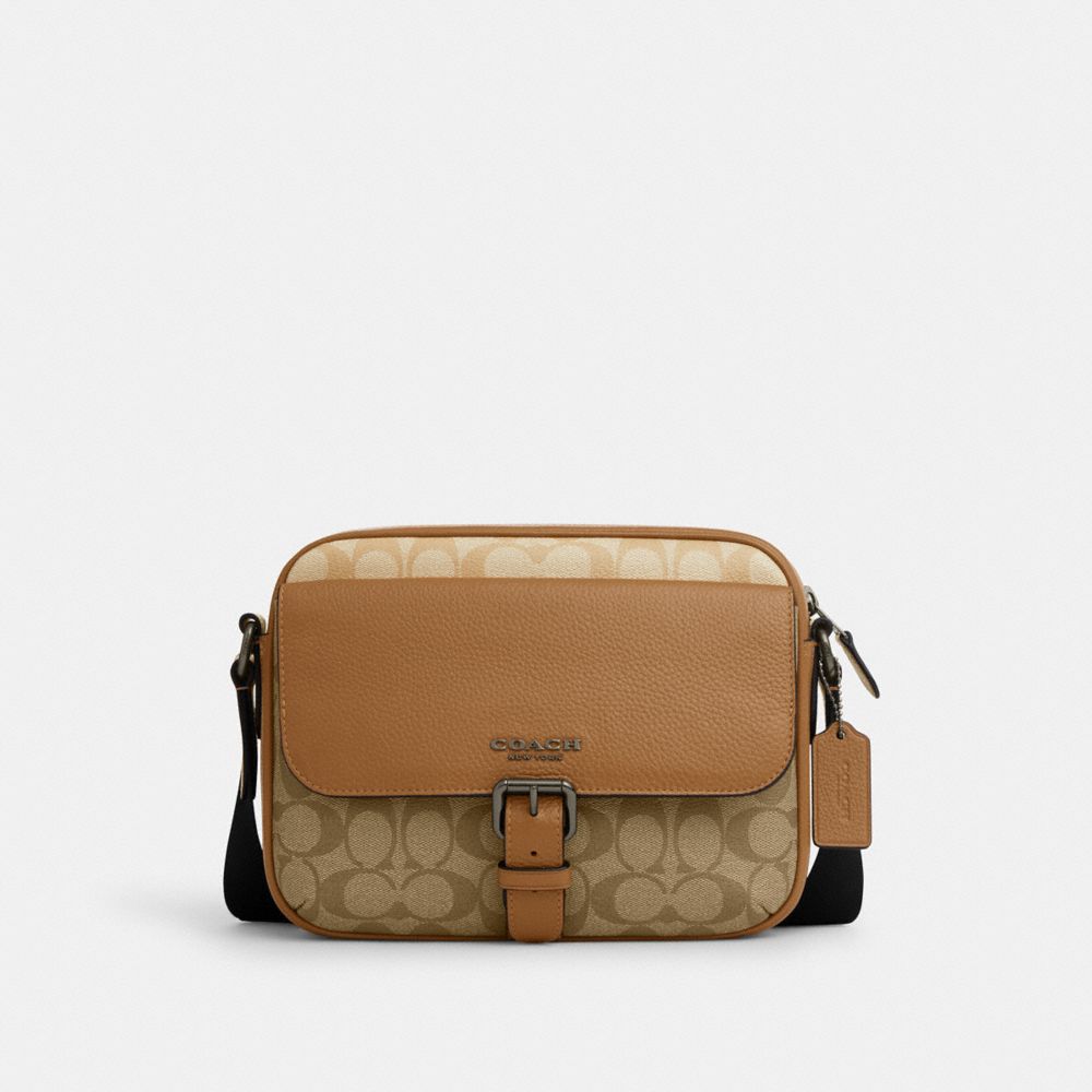 Hudson Crossbody Bag In Colorblock Signature Canvas - CR339 - Gunmetal/Light Saddle Multi