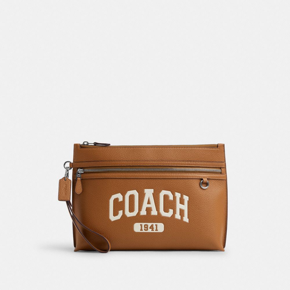 COACH CR355 Carry All Pouch With Varsity SILVER/LIGHT SADDLE