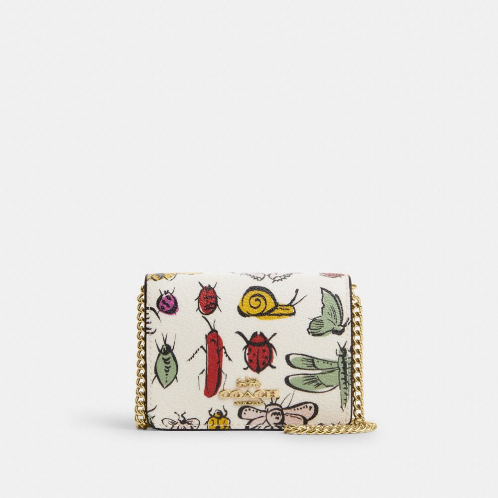 COACH CR373 Mini Wallet On A Chain With Creature Print Gold/Chalk Multi