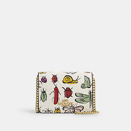 COACH CR373 Mini Wallet On A Chain With Creature Print Gold/Chalk Multi