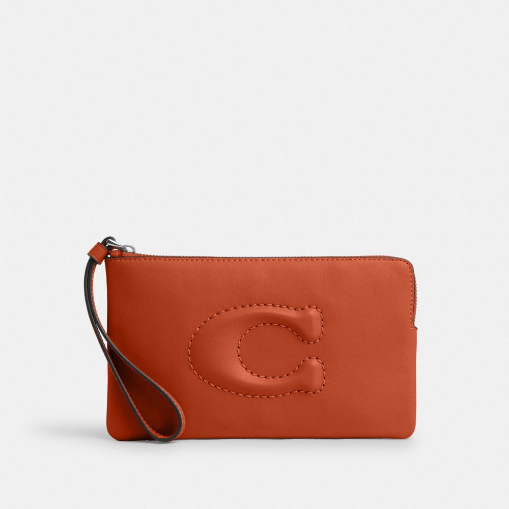 COACH CR392 Large Corner Zip Wristlet SILVER/DARK ORANGE