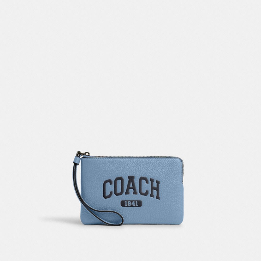 Corner Zip Wristlet With Varsity - CR393 - Gunmetal/Cornflower