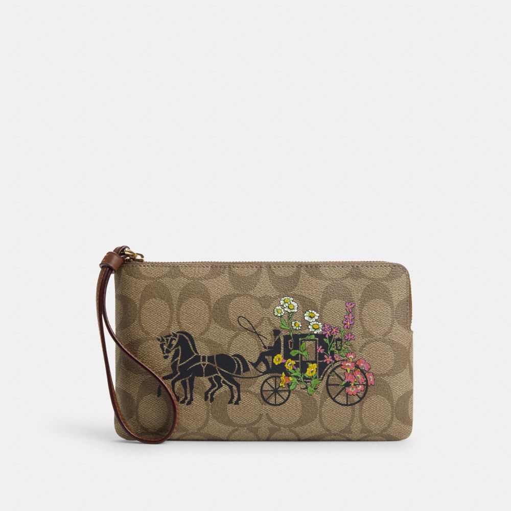 Large Corner Zip Wristlet In Signature Canvas With Floral Horse And Carriage - CR399 - Gold/Khaki Multi