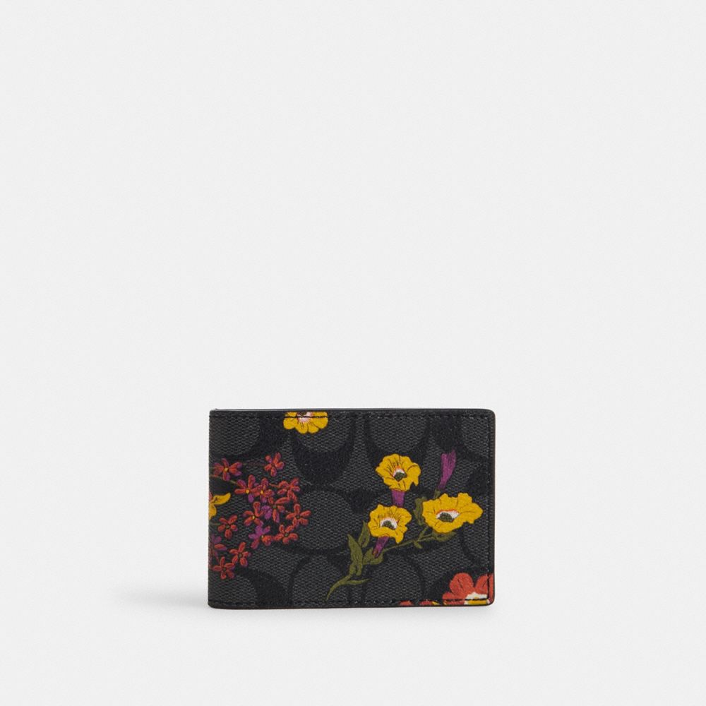 COACH CR402 Compact Billfold Wallet In Signature Canvas With Floral Print Gunmetal/Charcoal Multi