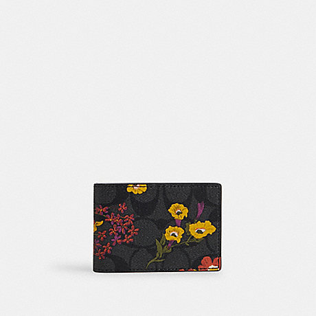 COACH CR402 Compact Billfold Wallet In Signature Canvas With Floral Print Gunmetal/Charcoal Multi