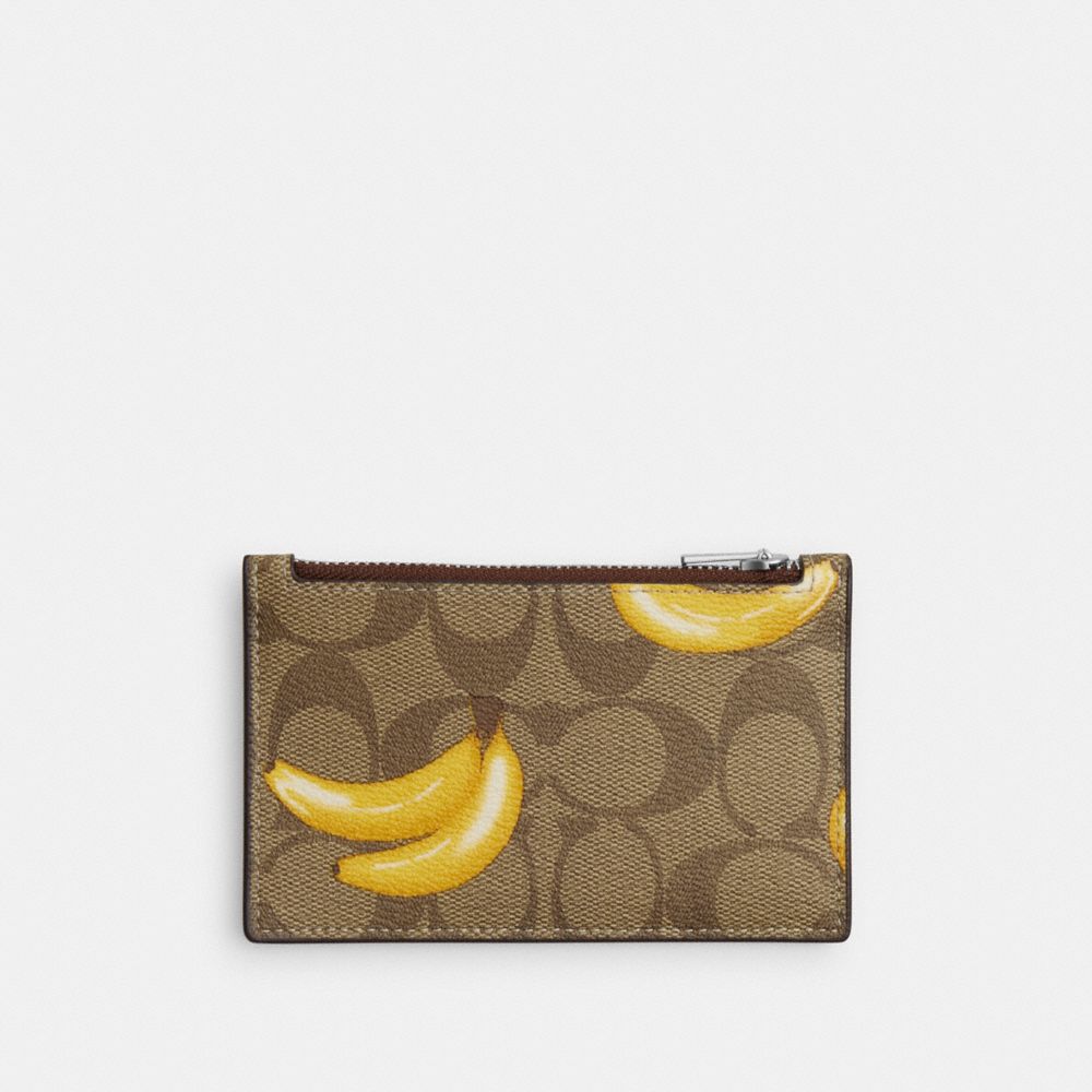 COACH CR410 Zip Card Case In Signature Canvas With Banana Print SILVER/KHAKI/DARK SADDLE