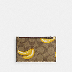 Zip Card Case In Signature Canvas With Banana Print - CR410 - Silver/Khaki/Dark Saddle
