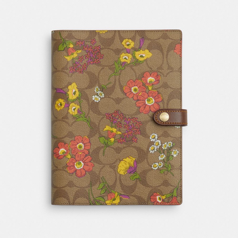 COACH CR423 Notebook In Signature Canvas With Floral Print GOLD/KHAKI MULTI