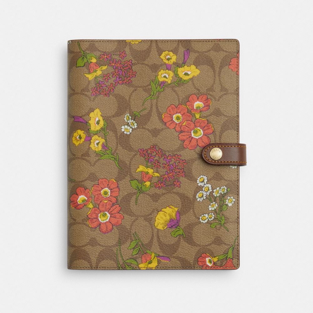 COACH CR423 Notebook In Signature Canvas With Floral Print Gold/Khaki Multi