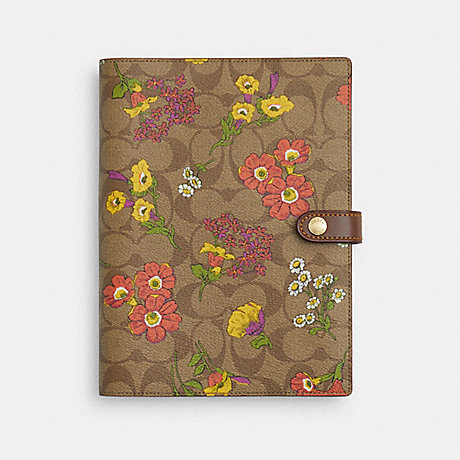 COACH CR423 Notebook In Signature Canvas With Floral Print Gold/Khaki-Multi