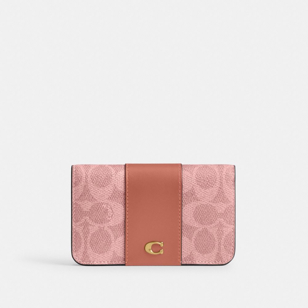 COACH CR542 Essential Slim Card Case In Signature Canvas BRASS/MELON PINK
