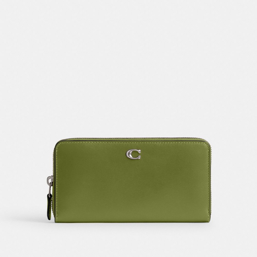 COACH&reg;,Essential Accordion Zip Wallet,Calfskin Leather,Continental,Logo,Metal,Casual,Light Antique Gold/Dark Lime