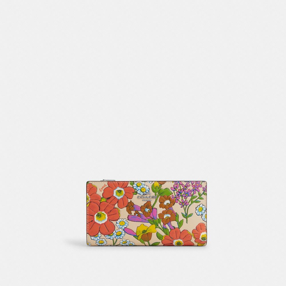 COACH CR619 Slim Zip Wallet With Floral Print SILVER/IVORY MULTI