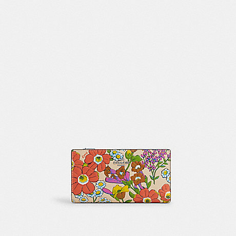 COACH CR619 Slim Zip Wallet With Floral Print Silver/Ivory Multi