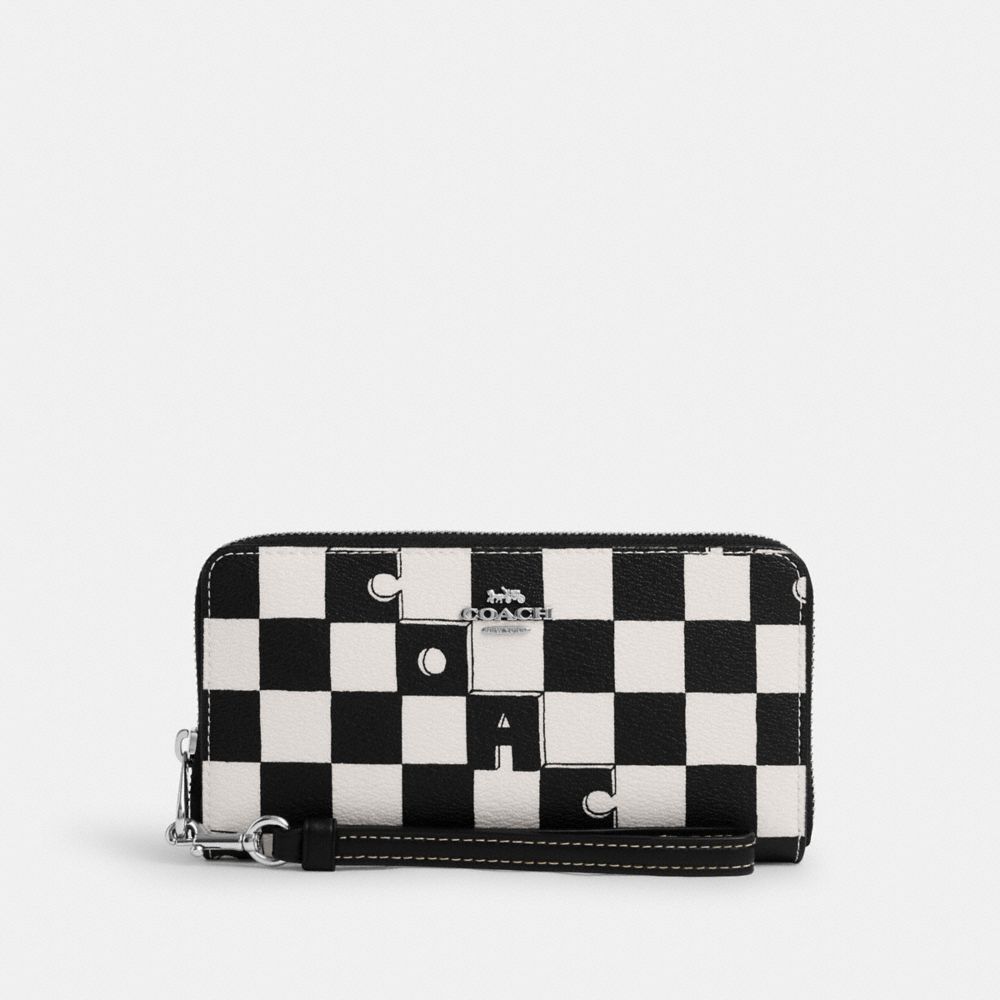 Long Zip Around Wallet With Checkerboard Print - CR622 - Silver/Black/Chalk