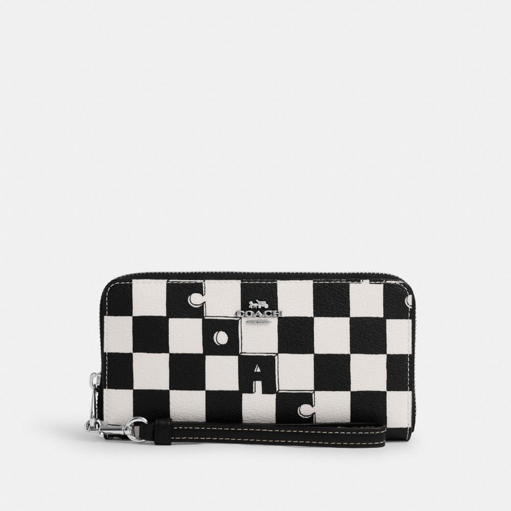 COACH CR622 Long Zip Around Wallet With Checkerboard Print Silver/Black/Chalk