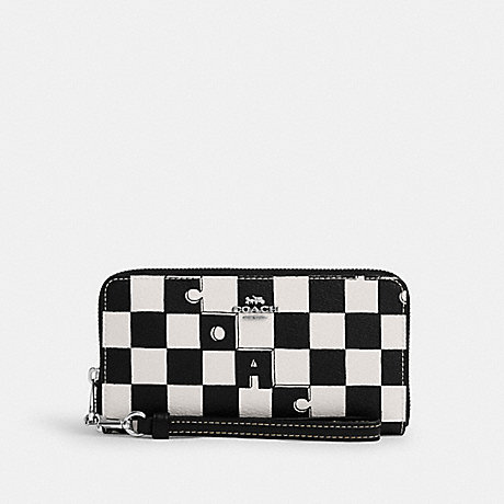 COACH CR622 Long Zip Around Wallet With Checkerboard Print Silver/Black/Chalk