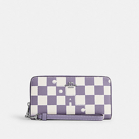 COACH CR622 Long Zip Around Wallet With Checkerboard Print Silver/Light-Violet/Chalk