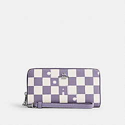 COACH CR622 Long Zip Around Wallet With Checkerboard Print SILVER/LIGHT VIOLET/CHALK