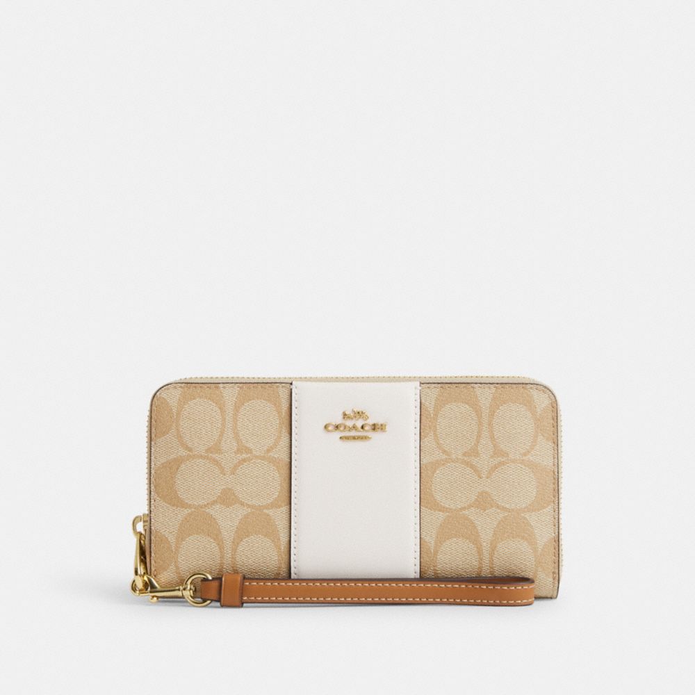 COACH CR624 Long Zip Around Wallet In Signature Canvas With Stripe Im/Light Khaki/Chalk Lt Saddle