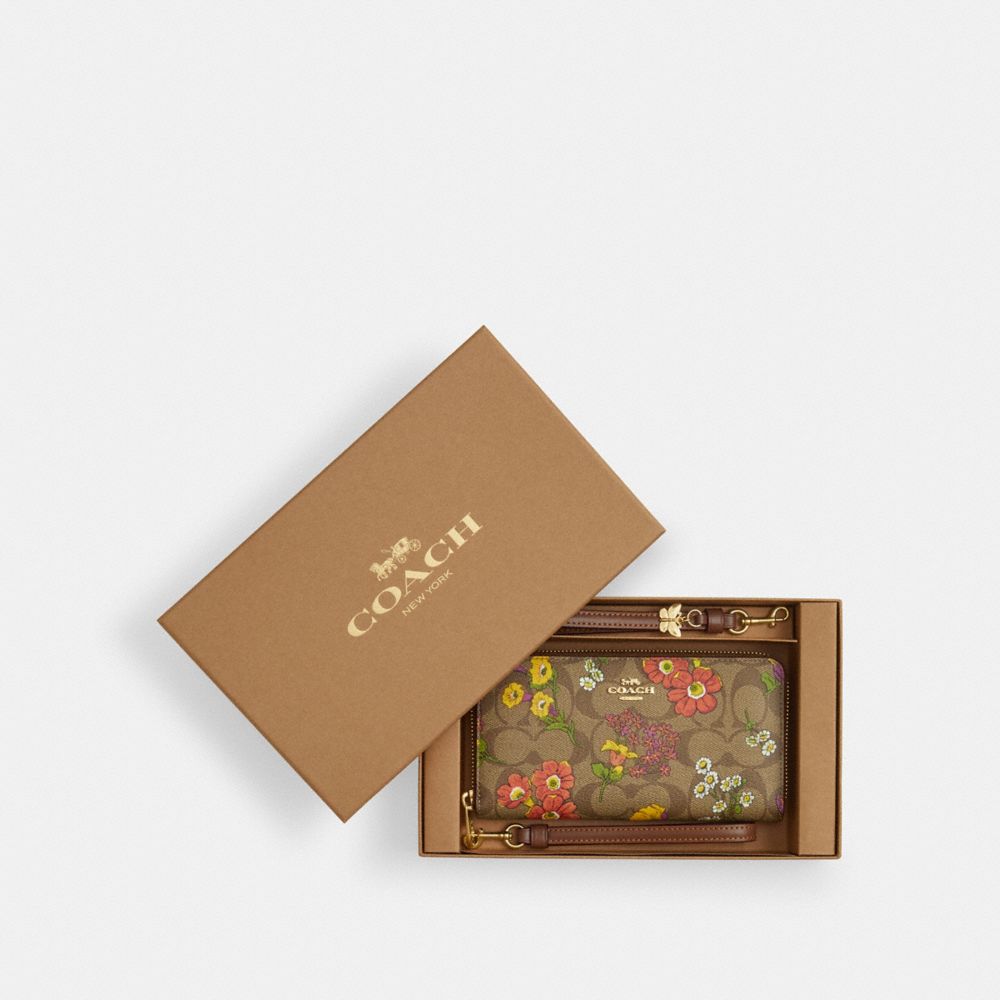 COACH CR632 Boxed Long Zip Around Wallet In Signature Canvas With Floral Print Gold/Khaki Multi