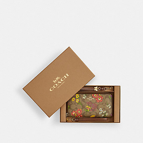 COACH CR632 Boxed Long Zip Around Wallet In Signature Canvas With Floral Print Gold/Khaki-Multi