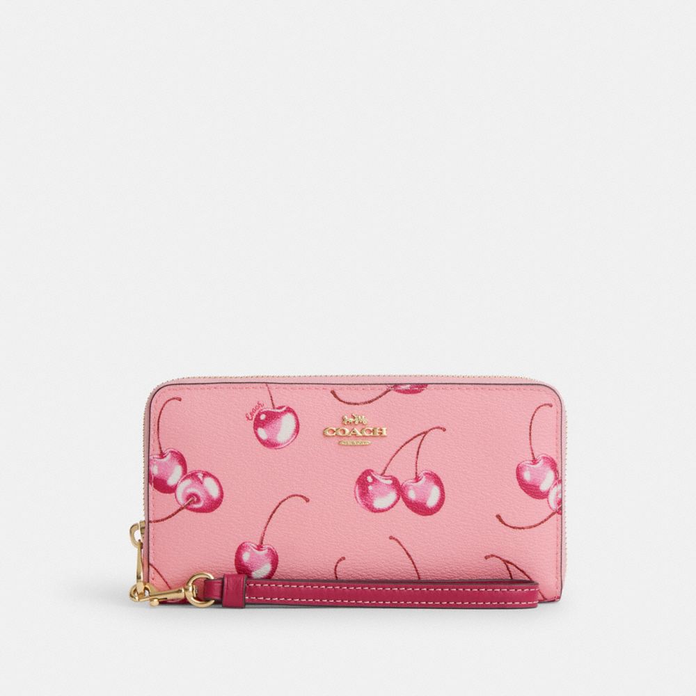 COACH CR642 Long Zip Around Wallet With Cherry Print Im/Flower Pink/Bright Violet