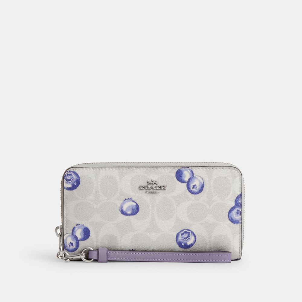 COACH CR647 Long Zip Around Wallet In Signature Canvas With Blueberry Print SILVER/CHALK/LIGHT VIOLET