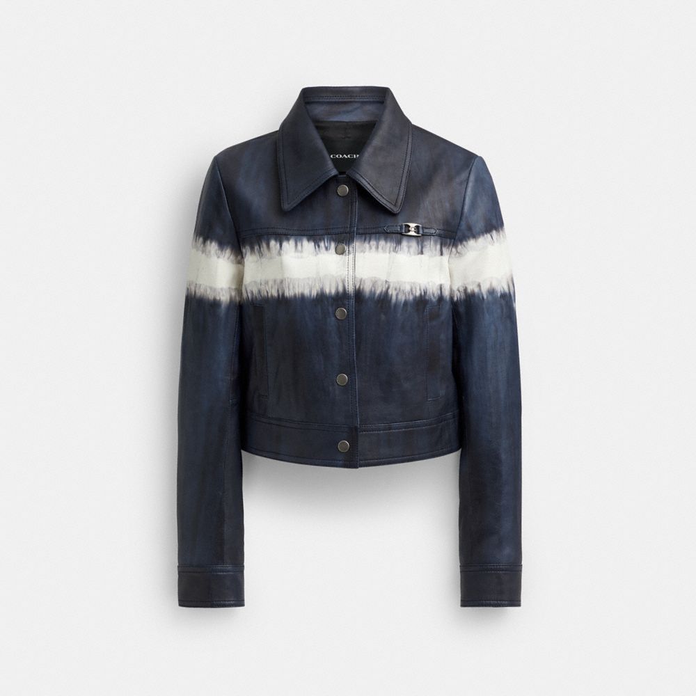 COACH&reg;,Heritage C Tie-Dye Shrunken Jacket,Recycled Polyester,Viscose,Lambskin,Denim,Jacket,Logo,Metal,Casual,Navy,Front View