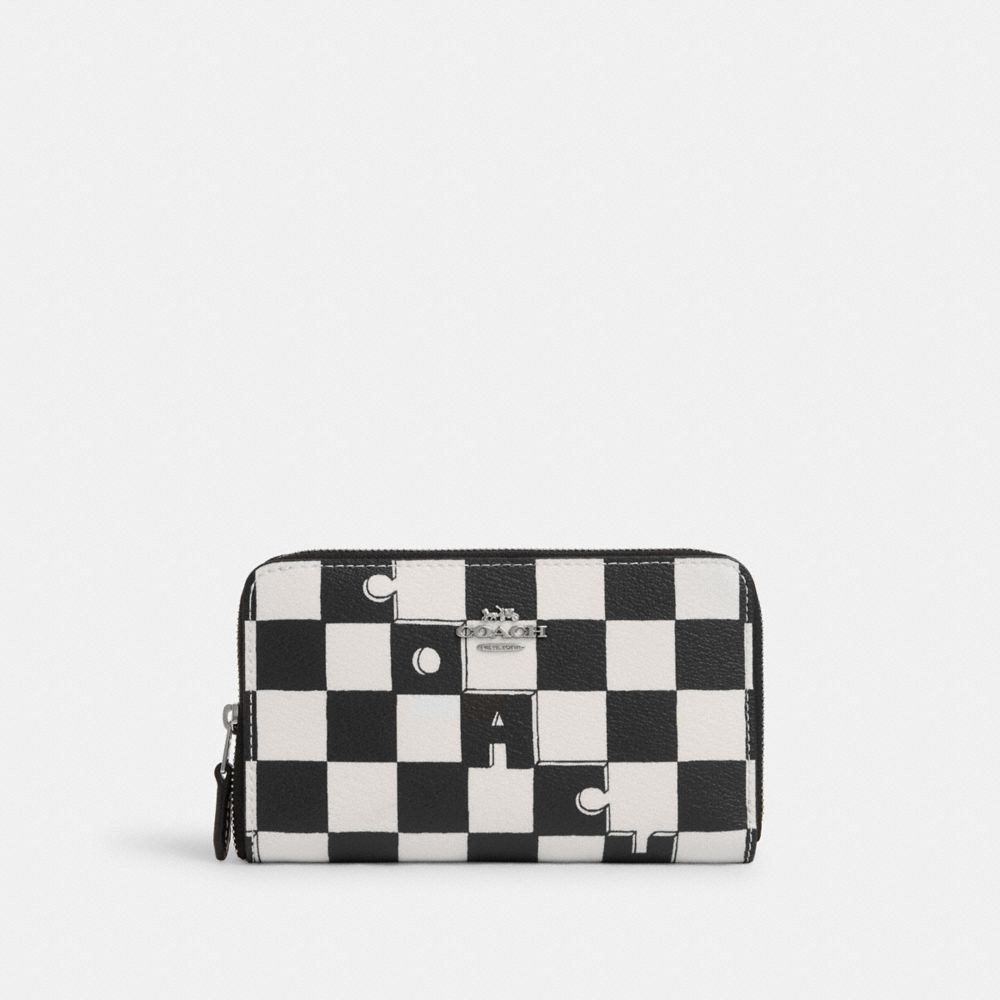 Medium Id Zip Wallet With Checkerboard Print - CR789 - Silver/Black/Chalk