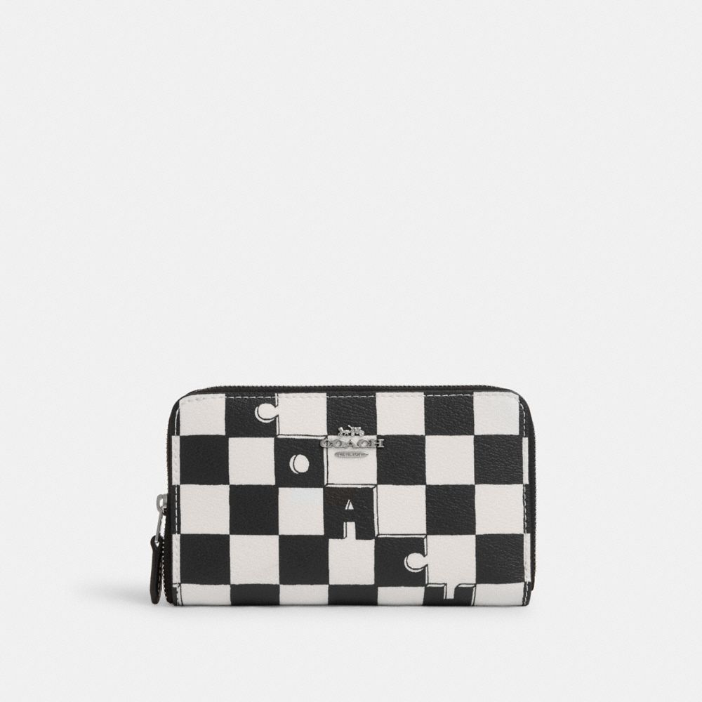 COACH CR789 Medium Id Zip Wallet With Checkerboard Print SILVER/BLACK/CHALK