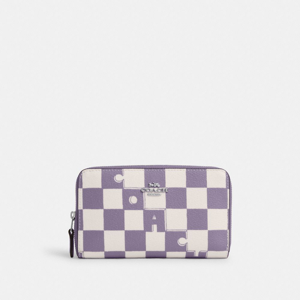 COACH CR789 Medium Id Zip Wallet With Checkerboard Print SILVER/LIGHT VIOLET/CHALK