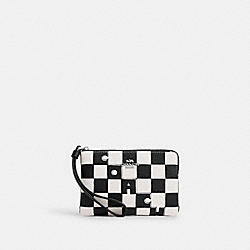 Corner Zip Wristlet With Checkerboard Print - CR813 - Silver/Black/Chalk