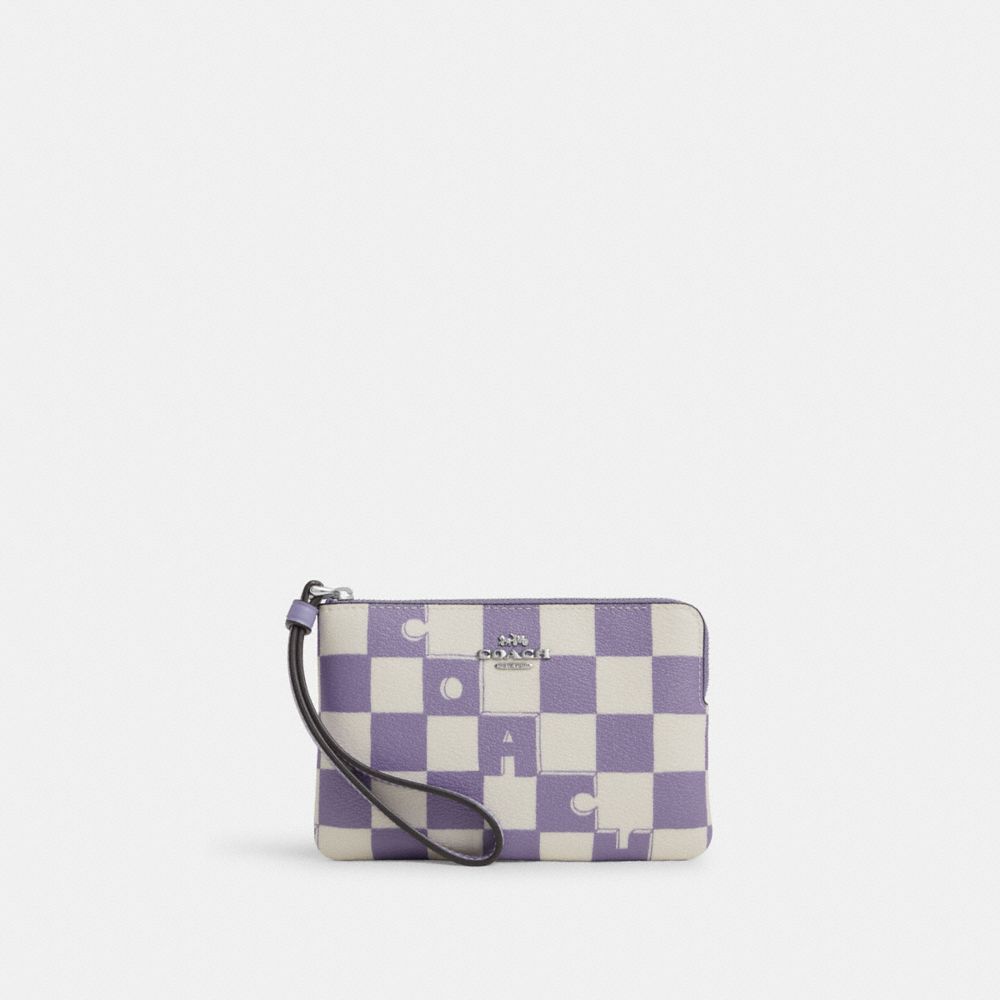 Corner Zip Wristlet With Checkerboard Print - CR813 - Silver/Light Violet/Chalk