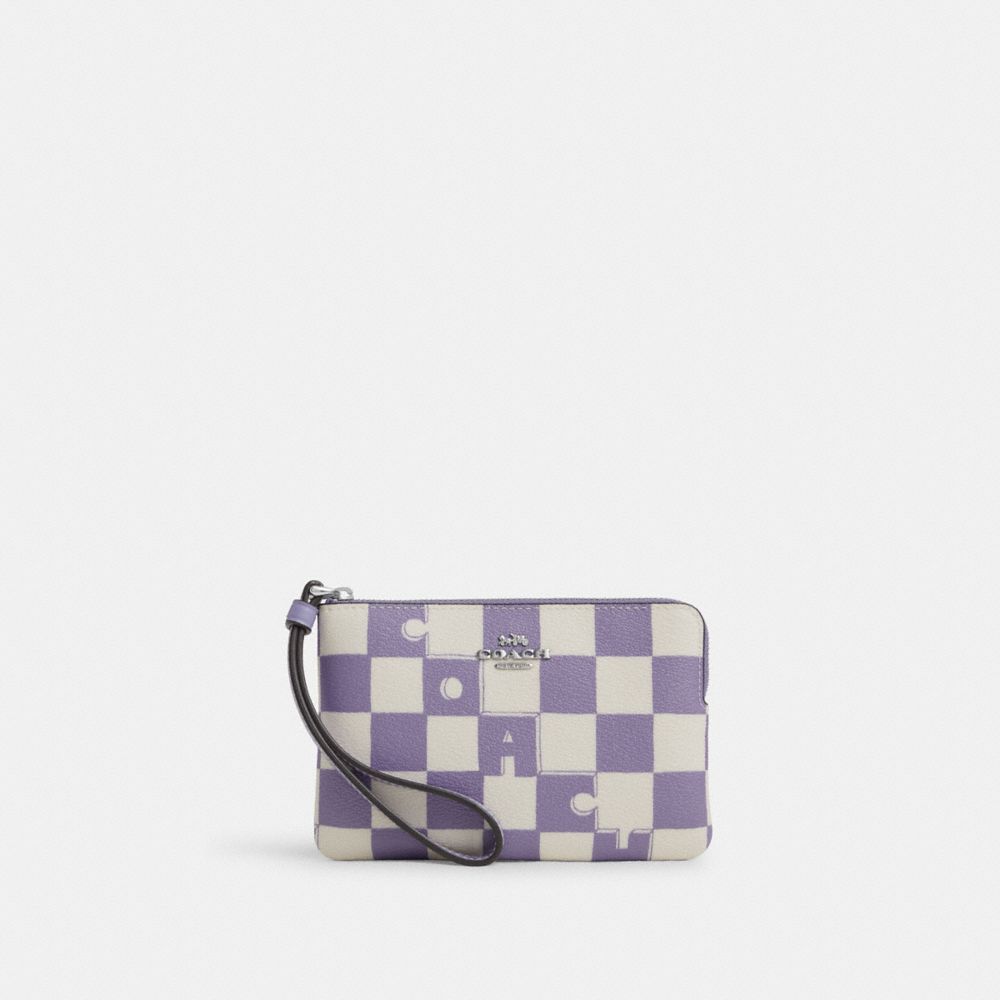 COACH CR813 Corner Zip Wristlet With Checkerboard Print SILVER/LIGHT VIOLET/CHALK