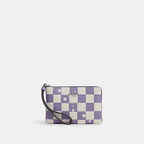 COACH CR813 Corner Zip Wristlet With Checkerboard Print Silver/Light-Violet/Chalk