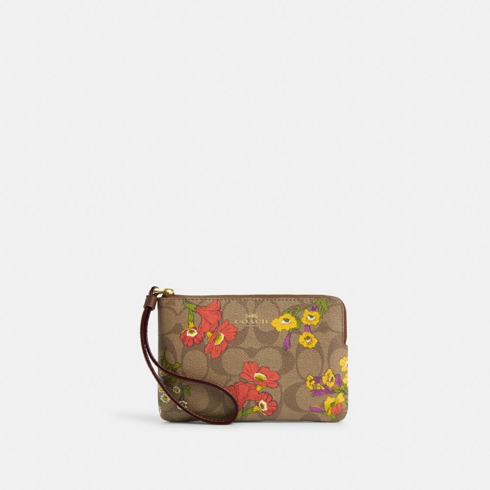 COACH CR814 Corner Zip Wristlet In Signature Canvas With Floral Print GOLD/KHAKI MULTI