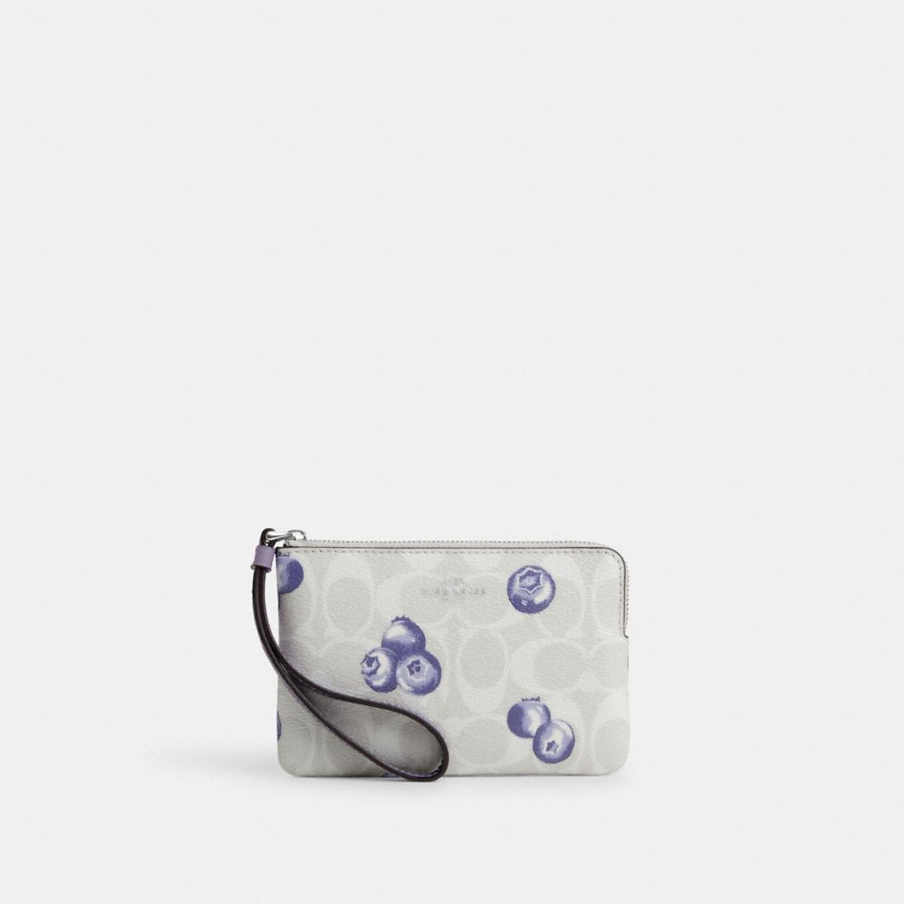 Corner Zip Wristlet In Signature Canvas With Blueberry Print - CR817 - Silver/Chalk/Light Violet